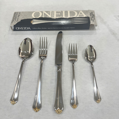 Oneida Golden Juilliard 5 Pc. place setting NIB Golden Accent 18/8 Stainless 24K