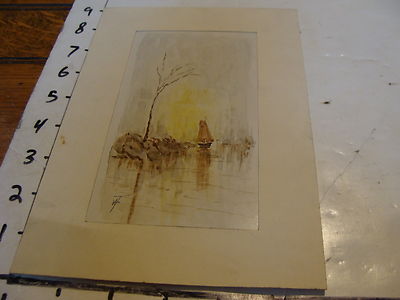 original early artwork: WATERCOLOR by W. Forster: BOAT ON WATER, TREE