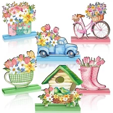 Barydat 6 Pcs Spring Wooden Table Decor Farmhouse Spring Wood Table Signs Gno...