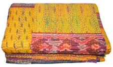 Indian Handmade Floral Kantha Quilt Reversible Bedspread Single Cotton Coverlet
