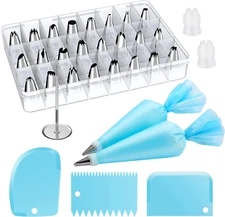 32-Piece Piping Bags and Tips Set with 24 Icing Piping Tips, 2 Reusable Pastry B