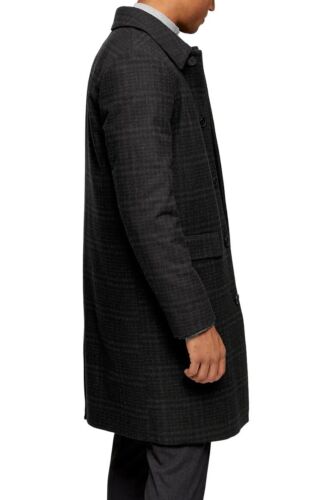 NEW Topman Classic Fit Check Wool Coat - Black / Charcoal - Large