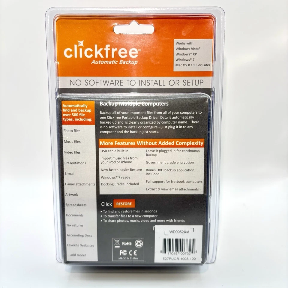 Disco duro de respaldo portátil automático Clickfree 500 GB púrpura WD0952XM NOS Foto 3 de 4