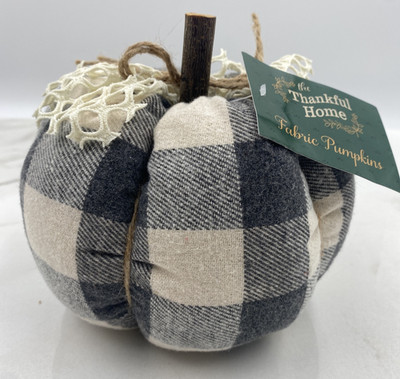 Fabric Pumpkin Gray White Plaid Gingham Stuffed Fall Farmhouse Wood Stem 6  Fall