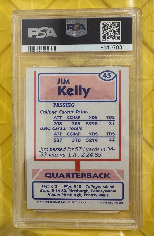 1985 Topps USFL - Jim Kelly #45 (RC) - Image 2 of 2