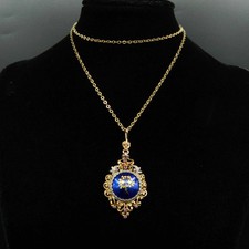 B49 - Pendentif Vintage 2 Ors 18K Art Nouveau, Emaux bleu/or, 12 Rubis Naturels