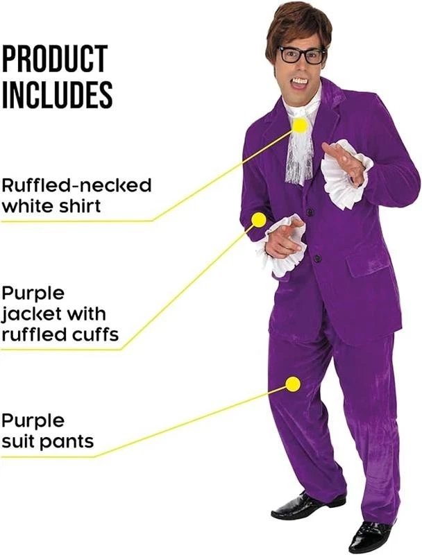 Fantasia masculina Austin Powers anos 60 adulto roxo gigolo filme terno espião Halloween - Imagem 3 de 4