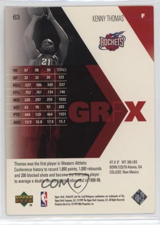 1999-00 Upper Deck HoloGrFX Rookie GRFX Kenny Thomas #63 Rookie RC - Image 2 of 2