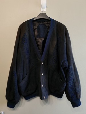 Vintage AMGE Lederjacke Herren Navy Wildleder Bomber Style Made in Spain Azteken