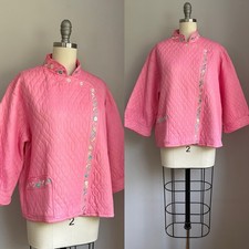Vintage 1960  s Pink Quilted Nylon  Embroidered Bed Jacket Robe Size L/XL