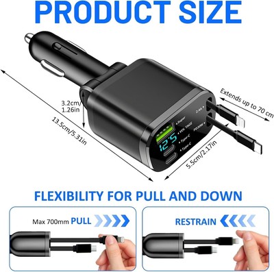 Retractable Car Charger Adapter 5-in-1, 22W PD & QC3, 180°Adjustable