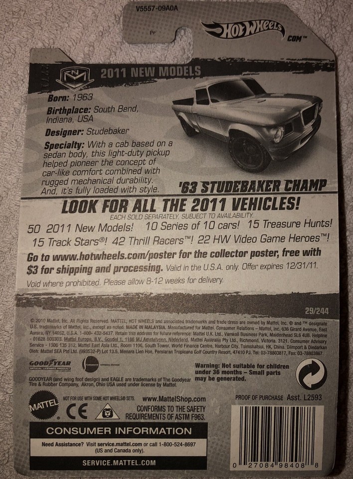 Hot Wheels 2011 ‘63 Studebaker Champ #29/244 – 1:64 Scale Die-Cast Car With Goodyear Tires - View #12