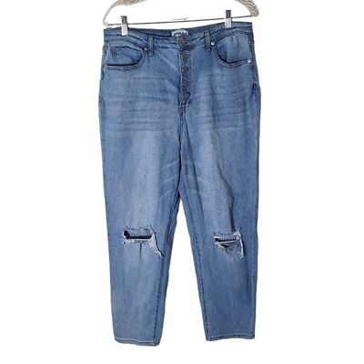 Abound distressed light wash button fly straight leg high rise mom