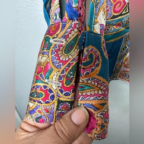 ZARA Patchwork scarf Print Satin Effect Shirt buttondown blouse boho 70’s Sz M - Picture 11 of 11
