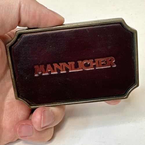 Vintage BTS Solid Brass Belt Buckle Mannlicher Firearms Stamped Leather Logo - Picture 6 of 9
