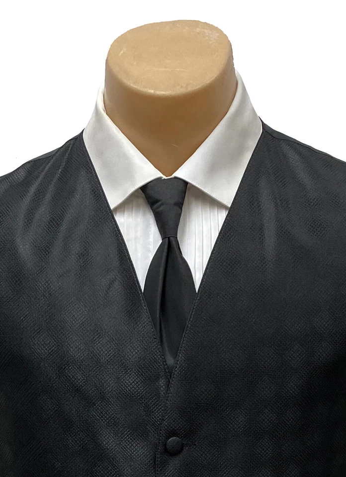 Men's Perry Ellis Black Tuxedo Vest with Matching Long Tie Extra Large XL - Image 3 of 4