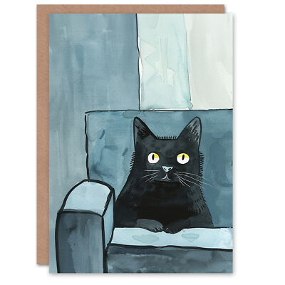 Katzenliebhaber Moggie Haustier auf Couch Spaß Aquarell Geburtstagskarte