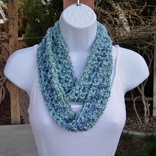 SUMMER INFINITY SCARF Small Skinny Light Aqua Blue Soft Handmade Crochet Knit