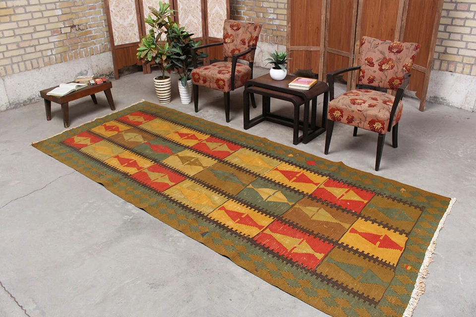Alfombra geométrica de lana Kilim hecha a mano plana descolorida vintage 4x11 nudo a mano Foto 3 de 4