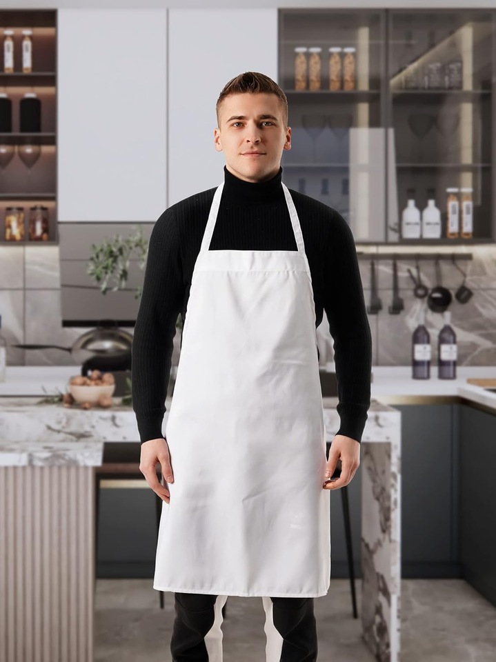 White Kitchen Aprons Unisex Bib Apron with Extra Long Ties for Cooking