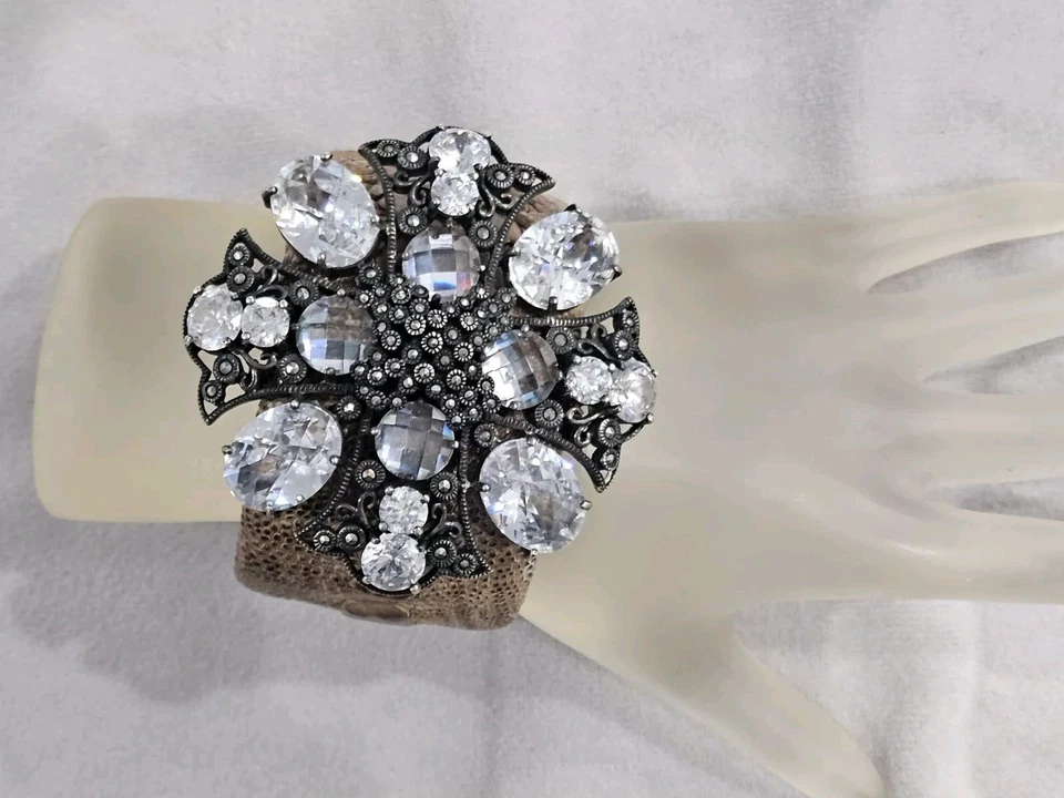 Марказит CZ чистого экзотический коричневый кожаный крест дизайнер манжеты широкий браслет  - Изображение 2 из 4