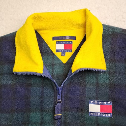 Tommy Hilfiger Full Zip Fleece Jacket Men XL Green Blue Yellow Plaid Pockets - Picture 7 of 13