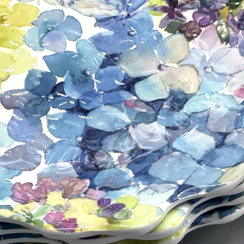 4 Shabby Chic MELAMINE Salad Plate Set Hydrangea Blue Yellow Floral Butterfly 8" - Picture 3 of 9