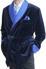 Smoking Jacket, Men Double Breasted Blue Luxurous Velvet Cigar Robe for Dinner