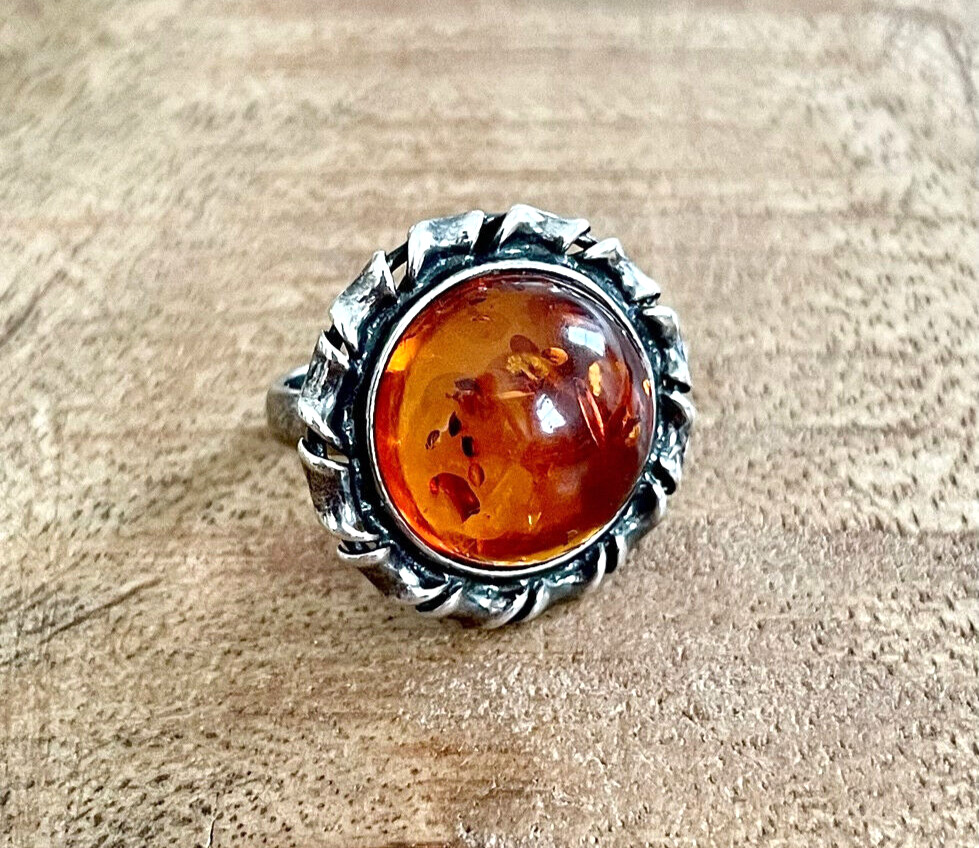 Vintage Old Pawn Navajo Sterling Silver Amber Rin… - image 5