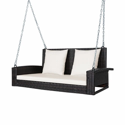 Patiojoy Patio Rattan Porch Swing 2-Seat Hanging Swing Chair Cushion Beige