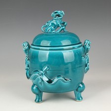 Chinese Antique Green Glazed Porcelain Incense Burner with Lion Pattern