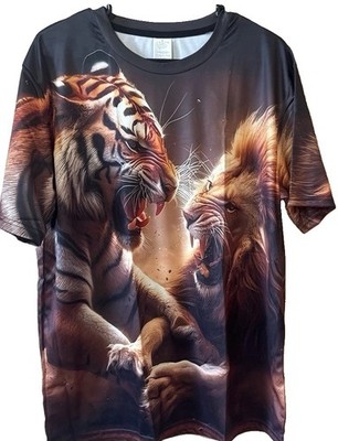 Men's L Regular Black Tiger vs Lion All-Over Graphic Print Crew Neck Tee Poly