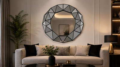 Art Déco Stil Wand 3D Prismen Effekt Spiegel Rund Kunststoff Geometrischer Rahmen 60x59Cm