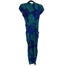 Vintage 1980s Blue Green Floral Print Midi Dress Womens S Pockets Short Sleeve