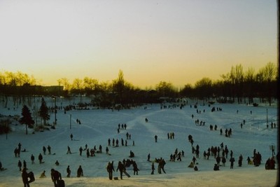 c1970's Kodachrome 35mm Slide, Sunset Winter Park Ice Skating Crowd Landscape