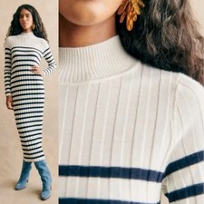 Sezane | Katrina Dress Knit Ribbed Ecru Navy Cream Striped Knit Sweater Dress XL