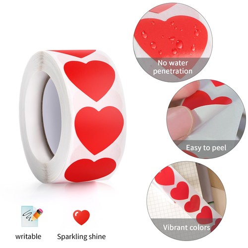 500Pcs Red Heart Stickers, 1" Valentines Day Love Shape Labels, 1 inch,  - Picture 3 of 7