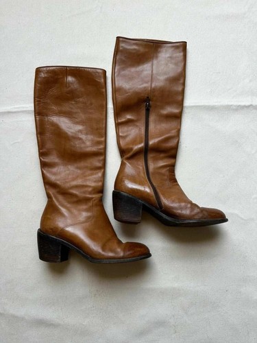 Dries Van Noten, Bottes Hautes Dries van Noten Cuir Caramel Talon Bloc Zip Old Money Vintage