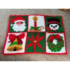 Vintage Christmas Latch Hook Rug Santa Snowman Wreath Holiday Wall Hanging 32x22
