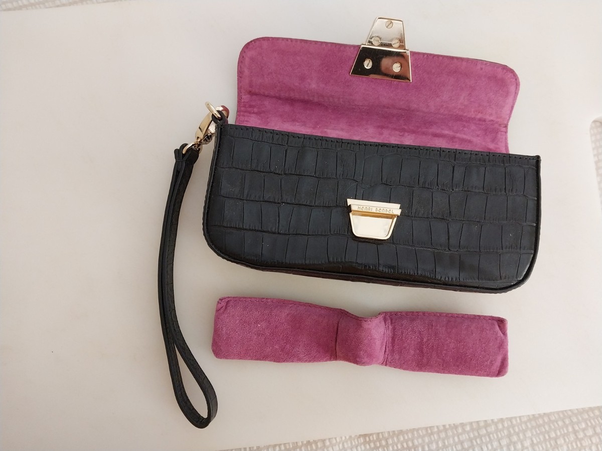 Henri Bendel Alligator Embossed Black Leather Pink Suede Lined