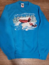 vtg 80s Fruit Of The Loom Graphic Sledding Sz M Turquoise 50/50 Made In USA