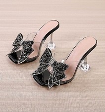 Women Transparent Slippers Crystal Bowknot High Heel Slides Summer Sandals Shoes