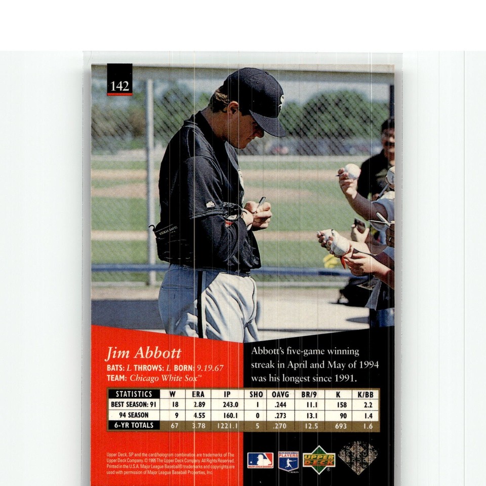 Jim Abbott #142 1995 Upper Deck SP Chicago White Sox Baseball Card MLB ...