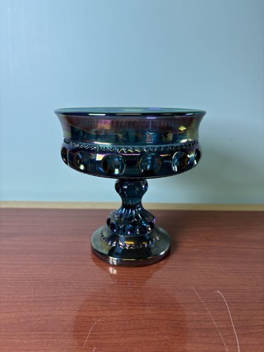 Vintage Indiana Glass Blue Iris Carnival Kings Crown Pedestal Compote Candy Dish