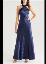 New Lulus Classy Personality Floral Jacquard Navy Blue Satin Maxi Halter Dress M