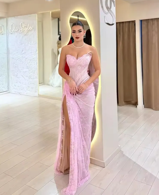 Stylish Light Pink Lace Evening Dresses Saudi Arabic Sweetheart Corset  Boning | eBay