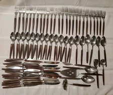 EKCO Eterna Epic 92-PC Flatware MCM Canoe Muffin Stainless Wood Handle A7