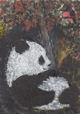 LinLi888 Art ACEO Original Watercolor Painting Panda Bird Fall Leaves 24082301