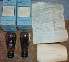 US NAVY FULL WAVE RECTIFIER GLOBE TUBES 3B21 38401 EL302.5 NOS ~PAPERWORK (1942)