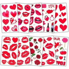 Tattoos for Women and Men, Red Lip Heart Prints Temporary Tattoos Stickers Set